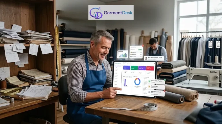 Tailor using tailor shop software on a tablet to manage orders, measurements, invoices, and workflow in a modern workshop