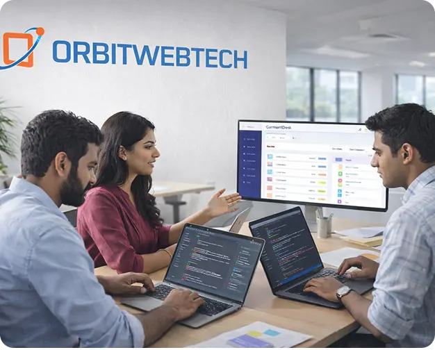 Team collaborating on GarmentDesk software dashboard for garment business management and tailoring workflow optimization