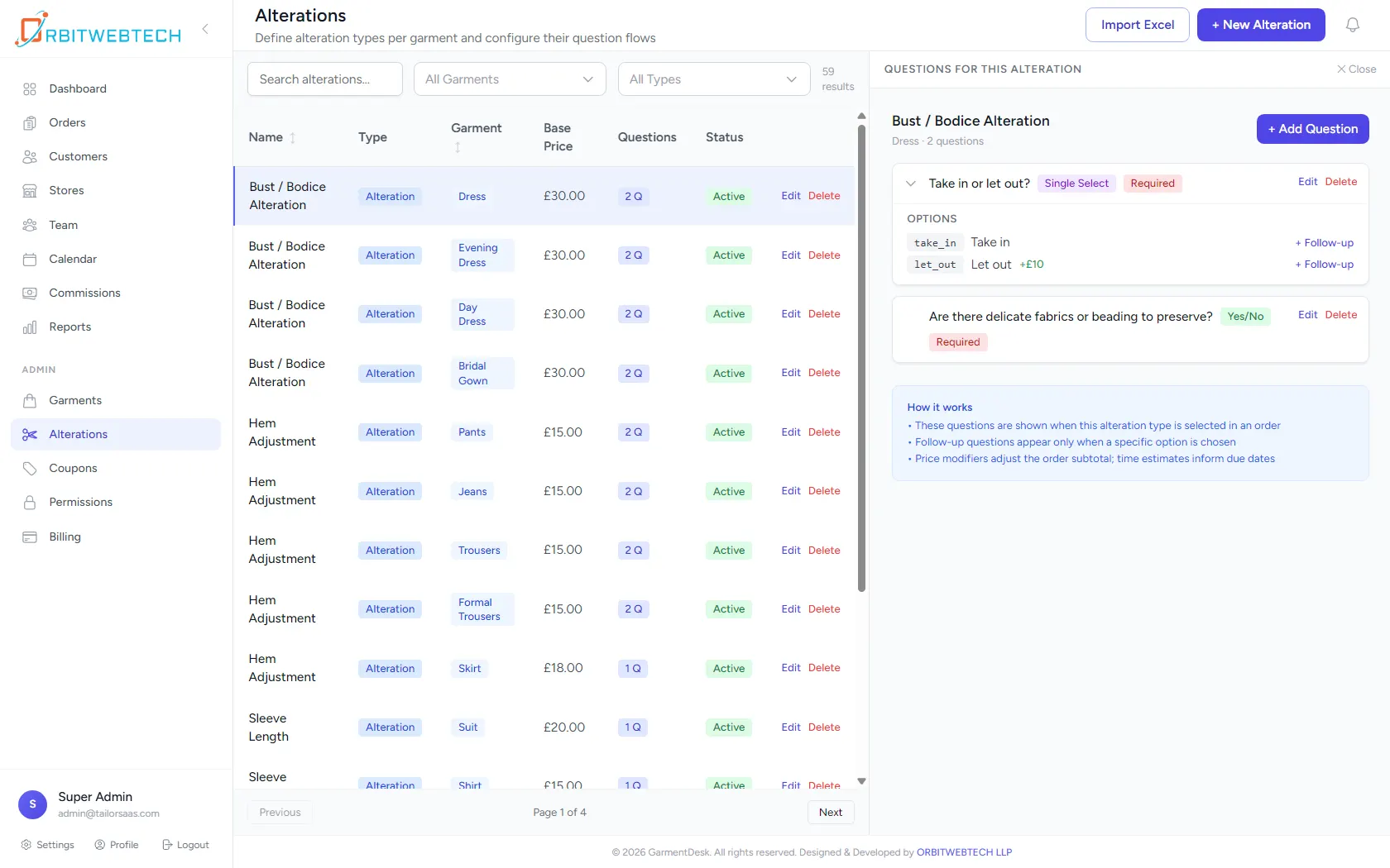 GarmentDesk alteration management dashboard showing bust bodice alteration options pricing and question flow setup