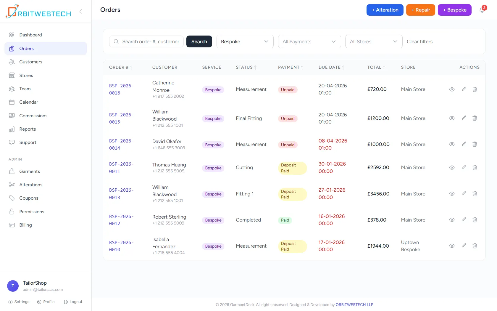 GarmentDesk orders dashboard showing bespoke tailoring orders customer details payment status and order tracking