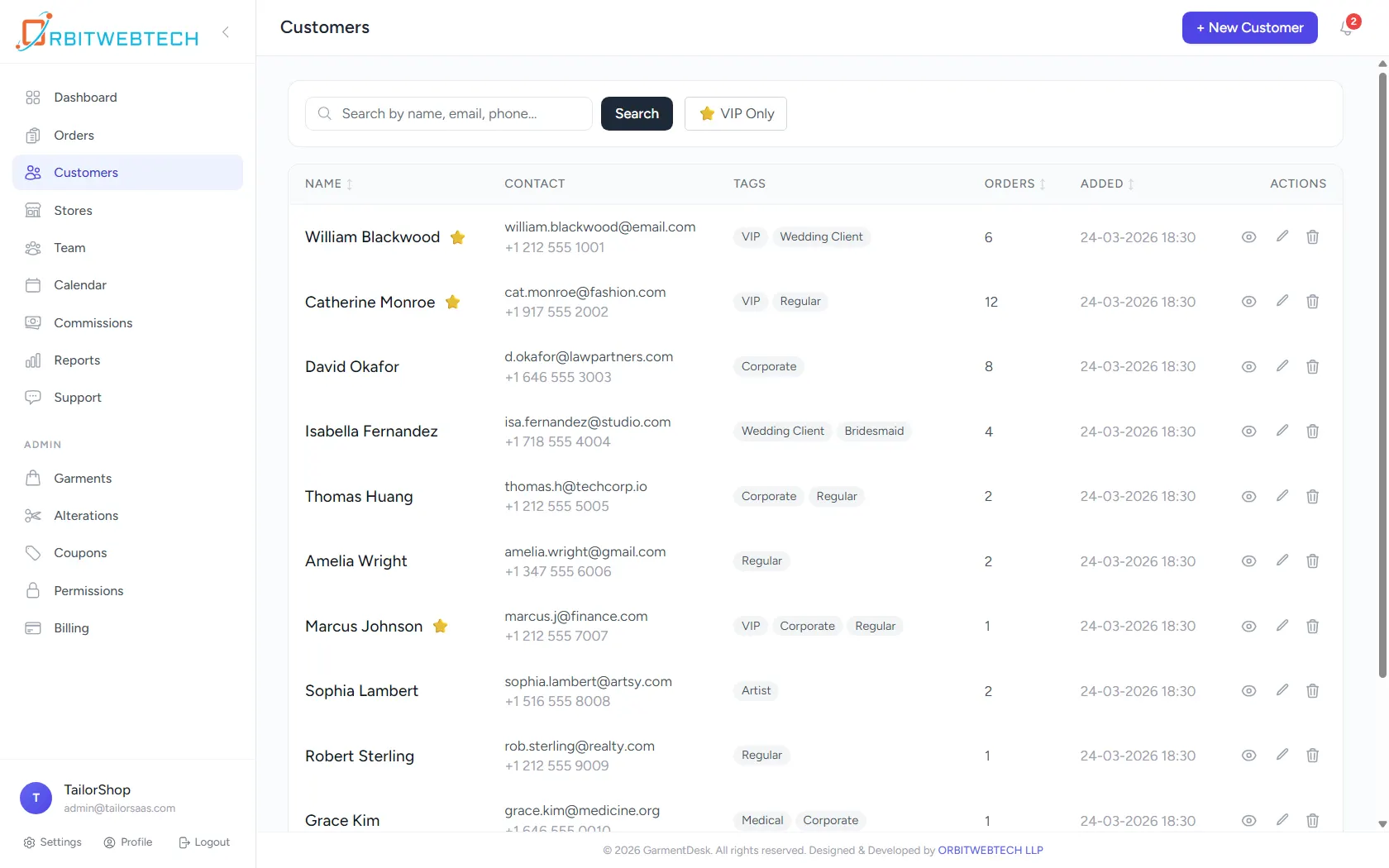 GarmentDesk customer management dashboard showing client list, contact details, tags, orders, and admin sidebar navigation