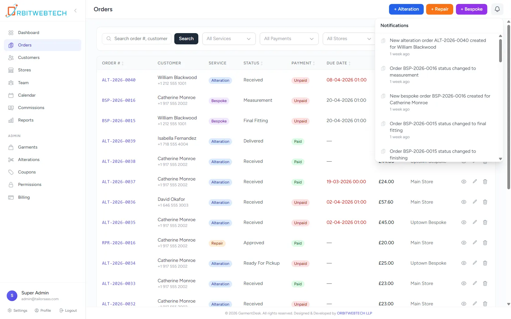 GarmentDesk orders management dashboard displaying order list, customer details, service types, payment status, due dates, and notifications panel