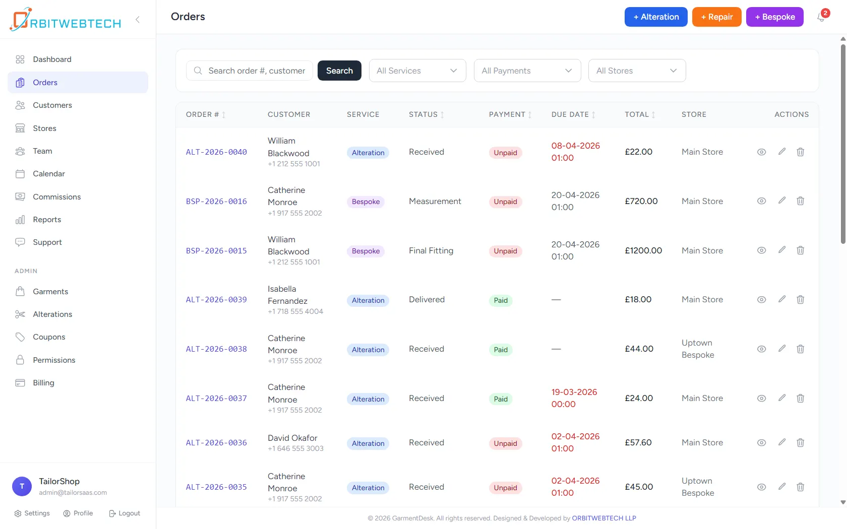 GarmentDesk orders dashboard showing order list with customer details, alteration and repair services, payment status, due dates, and store information