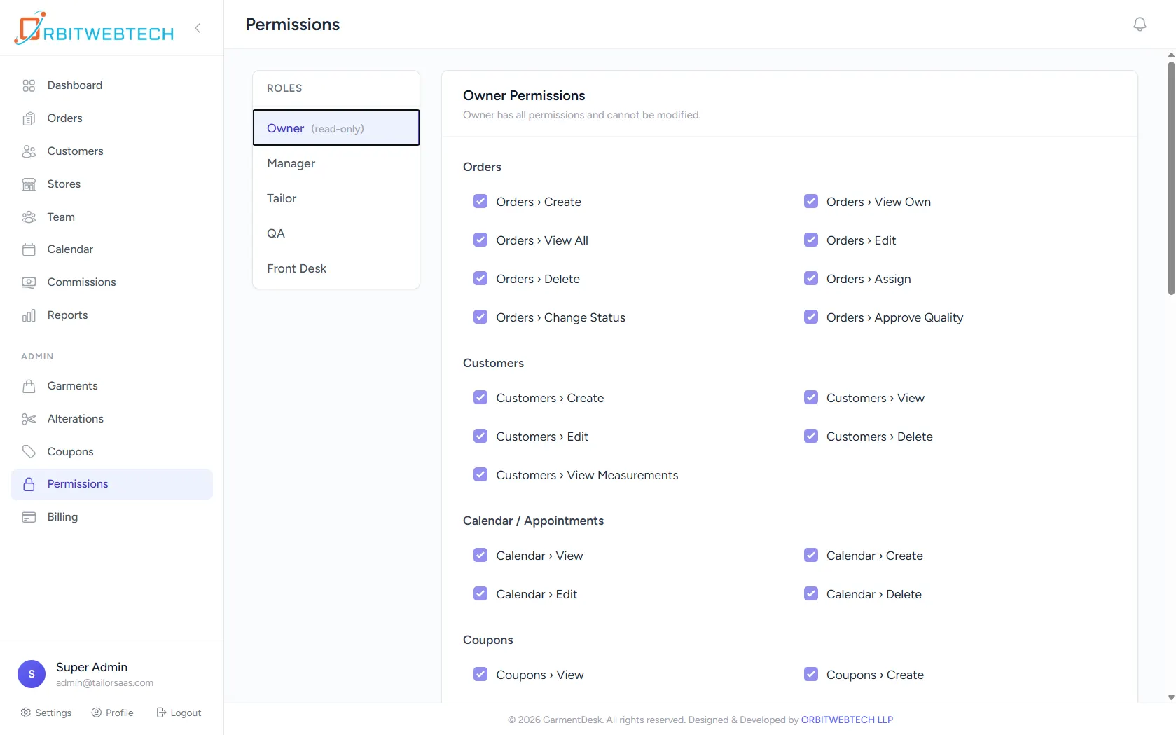 Tailoring shop software permissions panel showing role-based access control to manage team tasks and system features