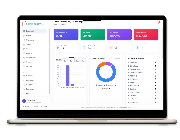 Laptop displaying tailoring shop management software dashboard with orders, revenue, customers, and workflow metrics