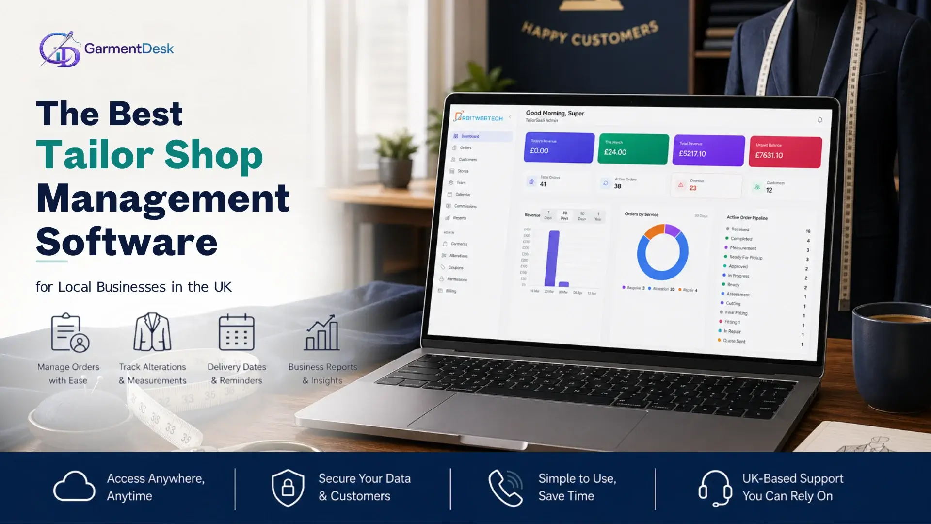 The Best Tailor Shop Management Software for Local Businesses in the UK 1 Tailor Shop Management Software UK dashboard on laptop for managing tailoring orders, alterations, delivery dates, customer data, and business reports for local UK businesses.