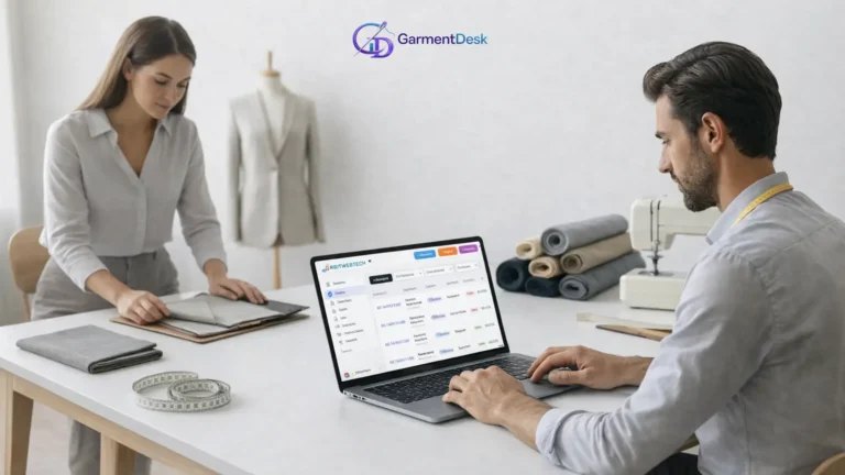 Tailor Shop Management Software dashboard used by tailors managing orders measurements and fabric in a modern tailoring studio