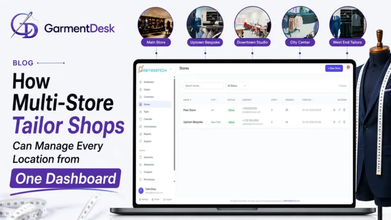 Multi-store tailoring software dashboard showing multiple tailor shop locations managed from one central GarmentDesk system