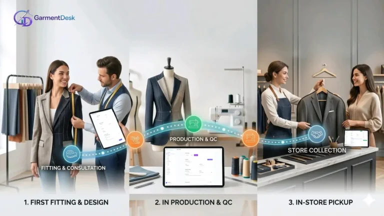 Bespoke order tracking system showing fitting, production, and final garment pickup stages in tailoring workflow