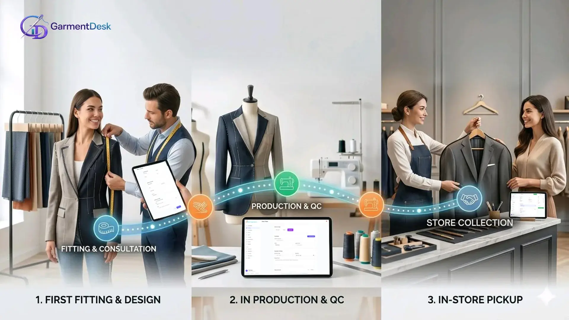 Bespoke order tracking system showing fitting, production, and final garment pickup stages in tailoring workflow