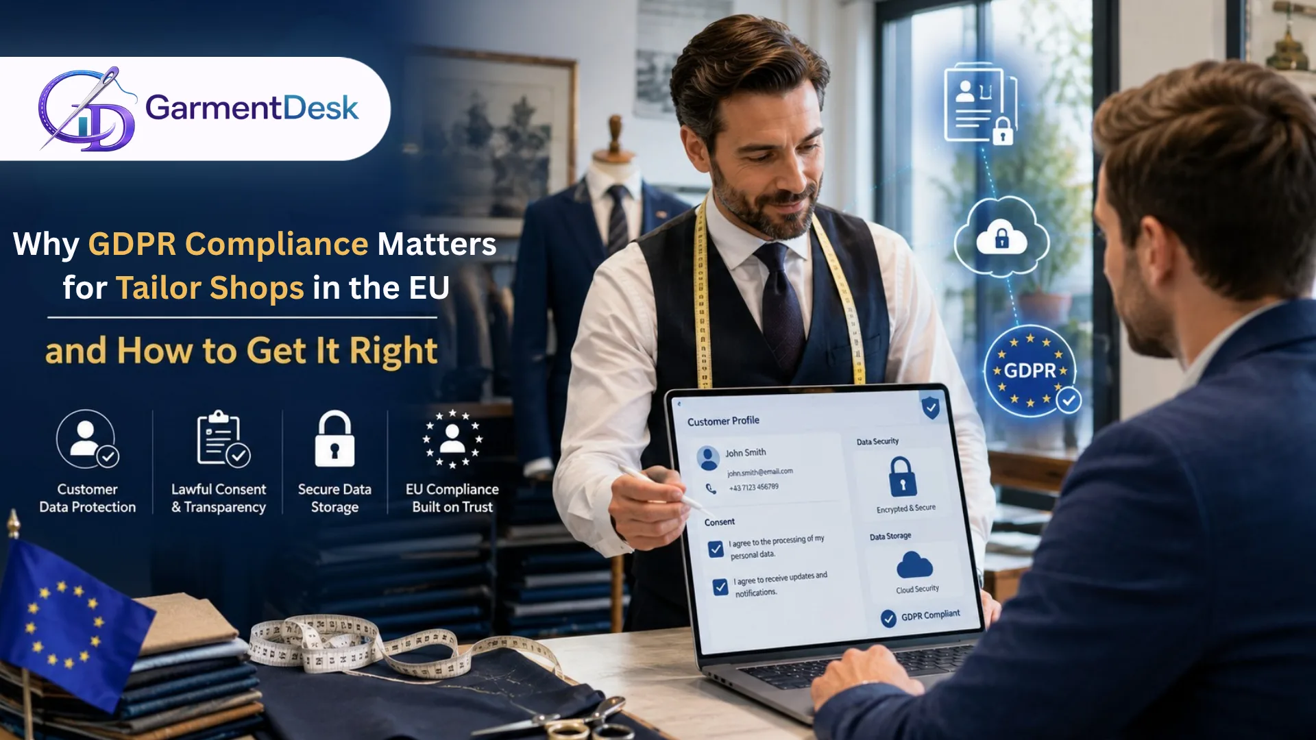 Why GDPR Compliance Matters for Tailor Shops in the EU and How to Get It Right 1 GDPR compliant tailor shop software EU image showing tailor securely managing customer data and consent through a cloud based tailoring management system