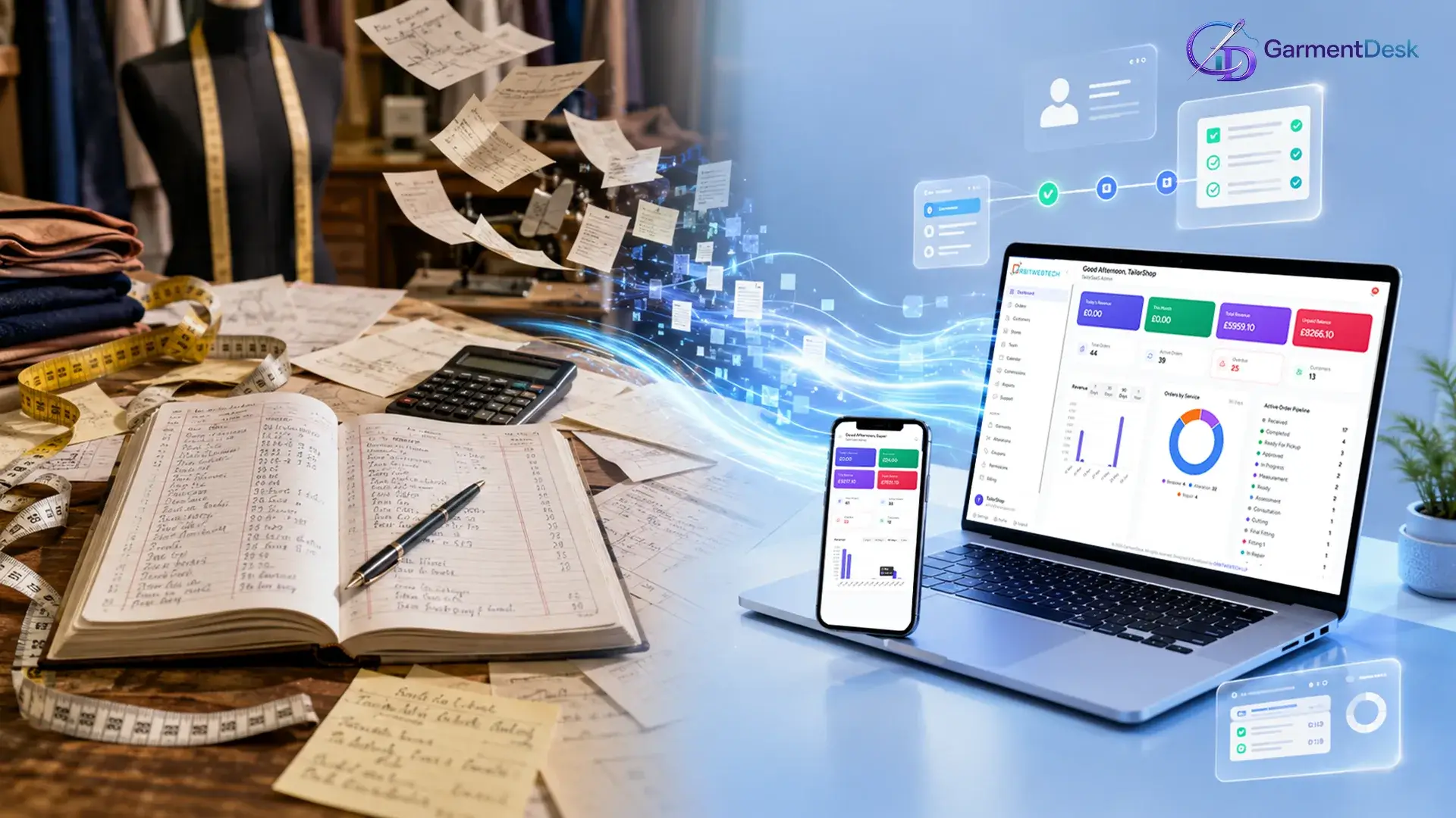 Tailor Shop App transforming traditional paper-based tailoring records into a digital workflow with GarmentDesk software on laptop and mobile, enabling efficient order management, customer tracking, and business automation.